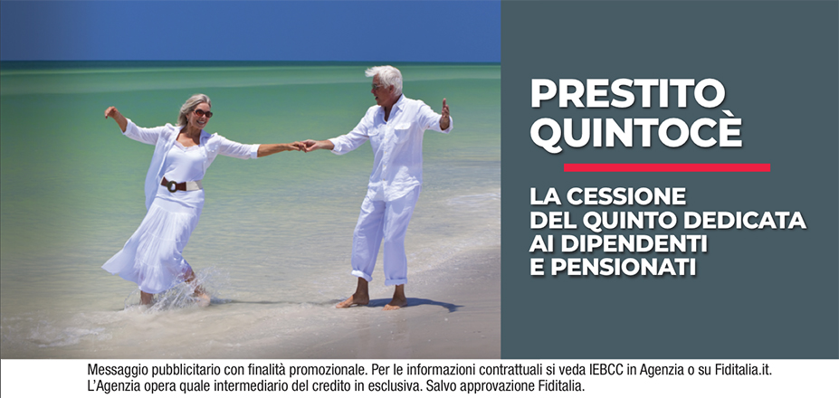 Agenzia Gruppo Sizzi Srl Fiditalia | Brindisi, Taranto, Manduria, Ostuni, Martina Franca, Monopoli | Cessione del Quinto Quintocè - Un consulente dedicato per i progetti di dipendenti e pensionati. Messaggio pubblicitario con finalità promozionale. Per le informazioni contrattuali si veda IEBCC in Agenzia o su Fiditalia. it. L’Agenzia opera quale intermediario del credito in esclusiva. Salvo approvazione Fiditalia.